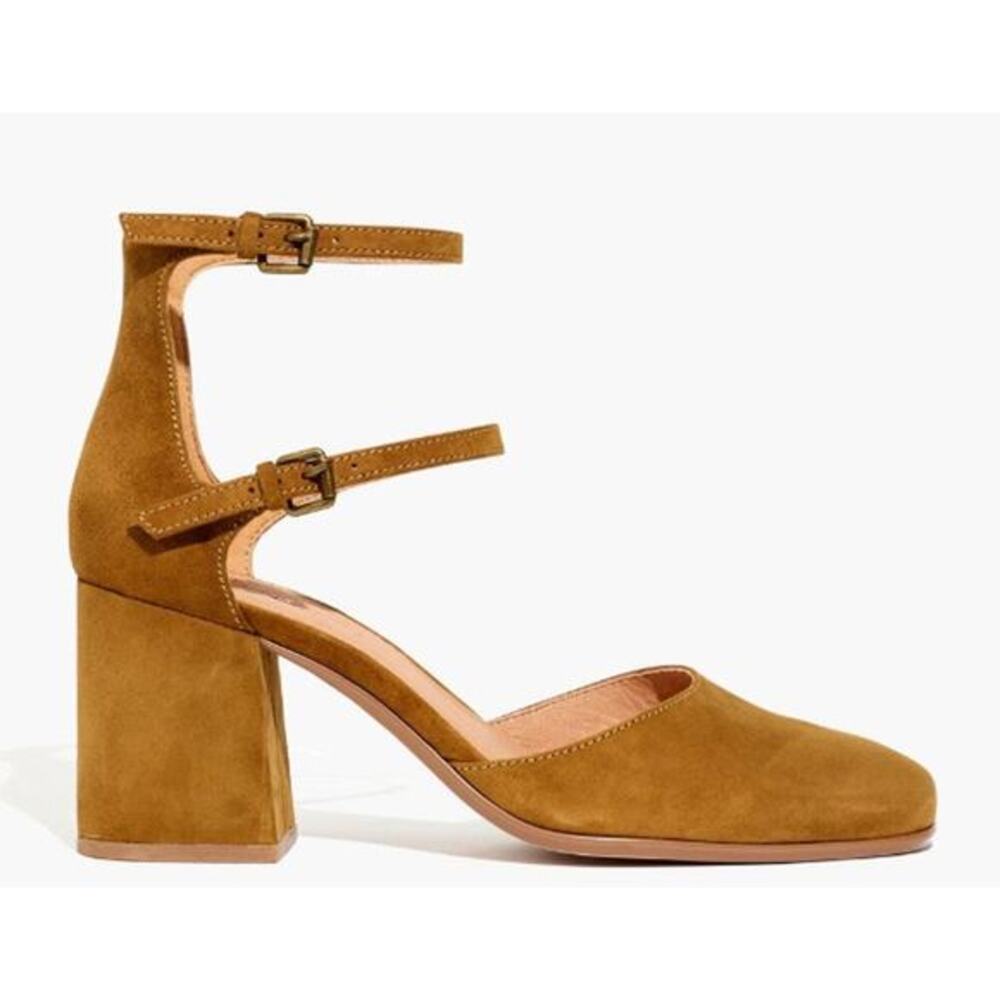 Madewell tan suede double‎ strap block heels